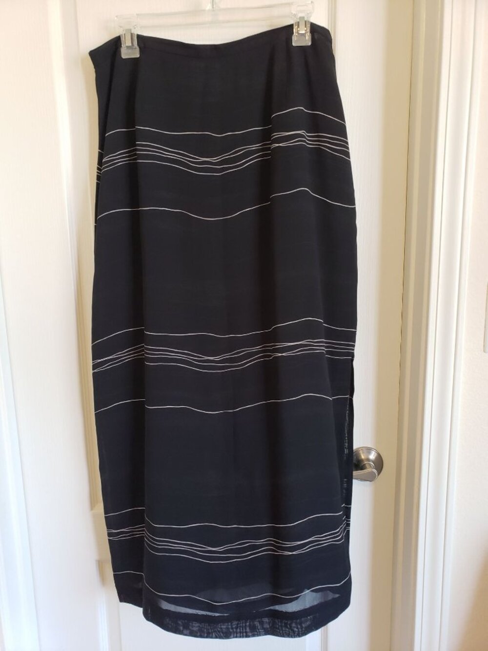 Josephine Chaus black, white striped, maxi, side split skirt, size 14
